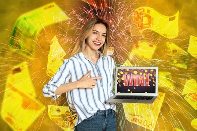 Image of Betting. Happy woman pointing at laptop with word Win! against falling euro banknotes