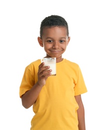 Photo of Adorable African-American boy with glass of milk on white background
