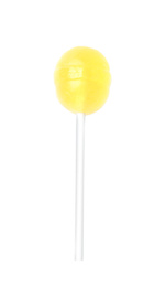 Photo of Tasty lemon flavored lollipop isolated on white