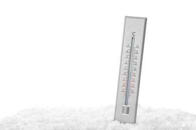 Photo of Weather thermometer in snow against white background