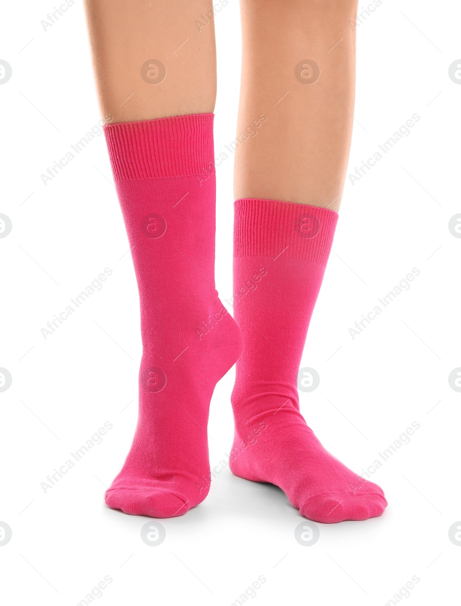 Photo of Woman in stylish socks on white background, closeup