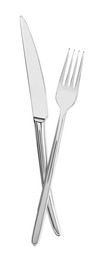 Photo of Fork and knife isolated on white, top view. Stylish shiny cutlery set