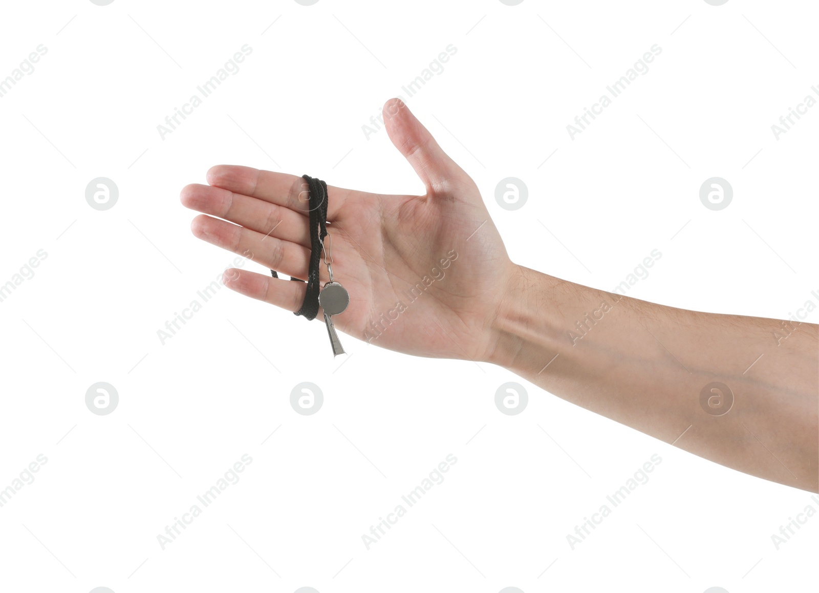 Photo of Referee holding whistle on white background, closeup