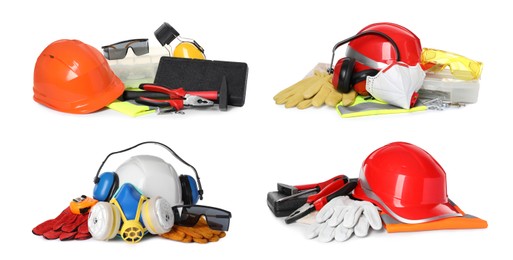 Set with protective workwear on white background, banner design. Safety equipment