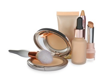 Photo of Foundation makeup products on white background. Decorative cosmetics