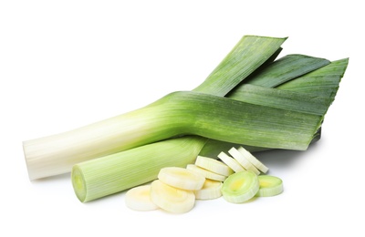 Photo of Fresh raw leeks on white background. Ripe onion