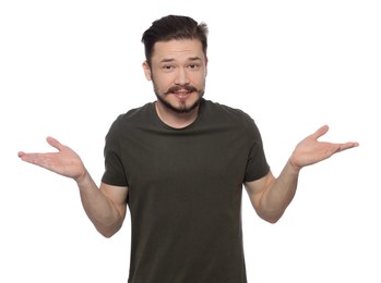 Photo of Portrait of embarrassed man on white background