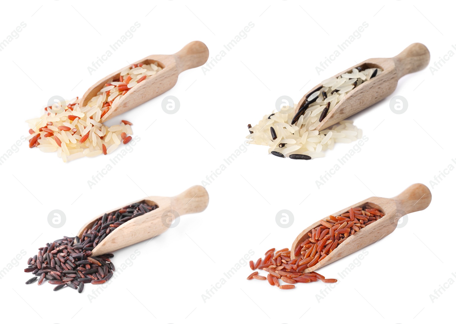 Image of Set with different types of rice on white background