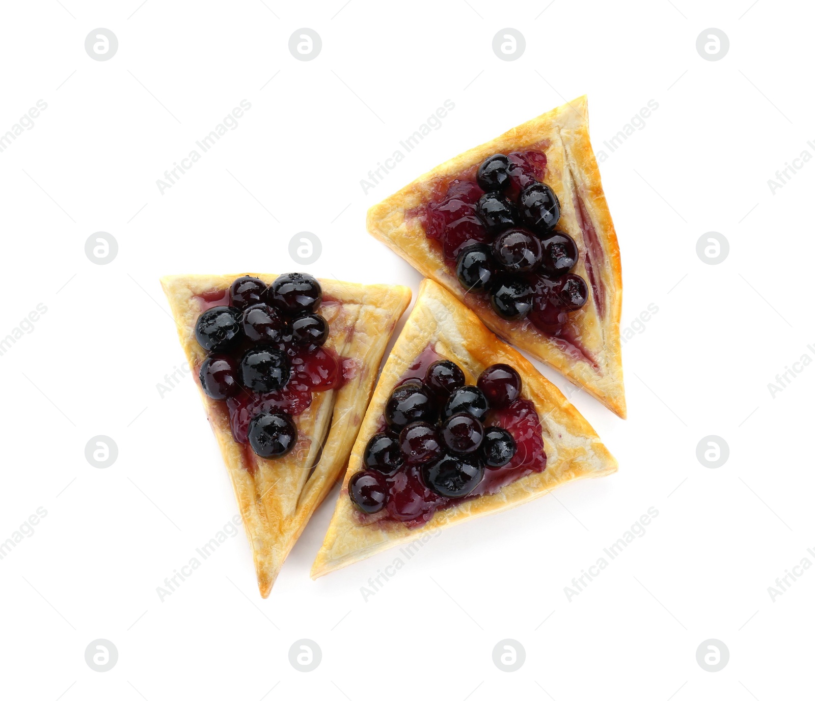 Photo of Fresh tasty puff pastry with sweet berries isolated on white, top view