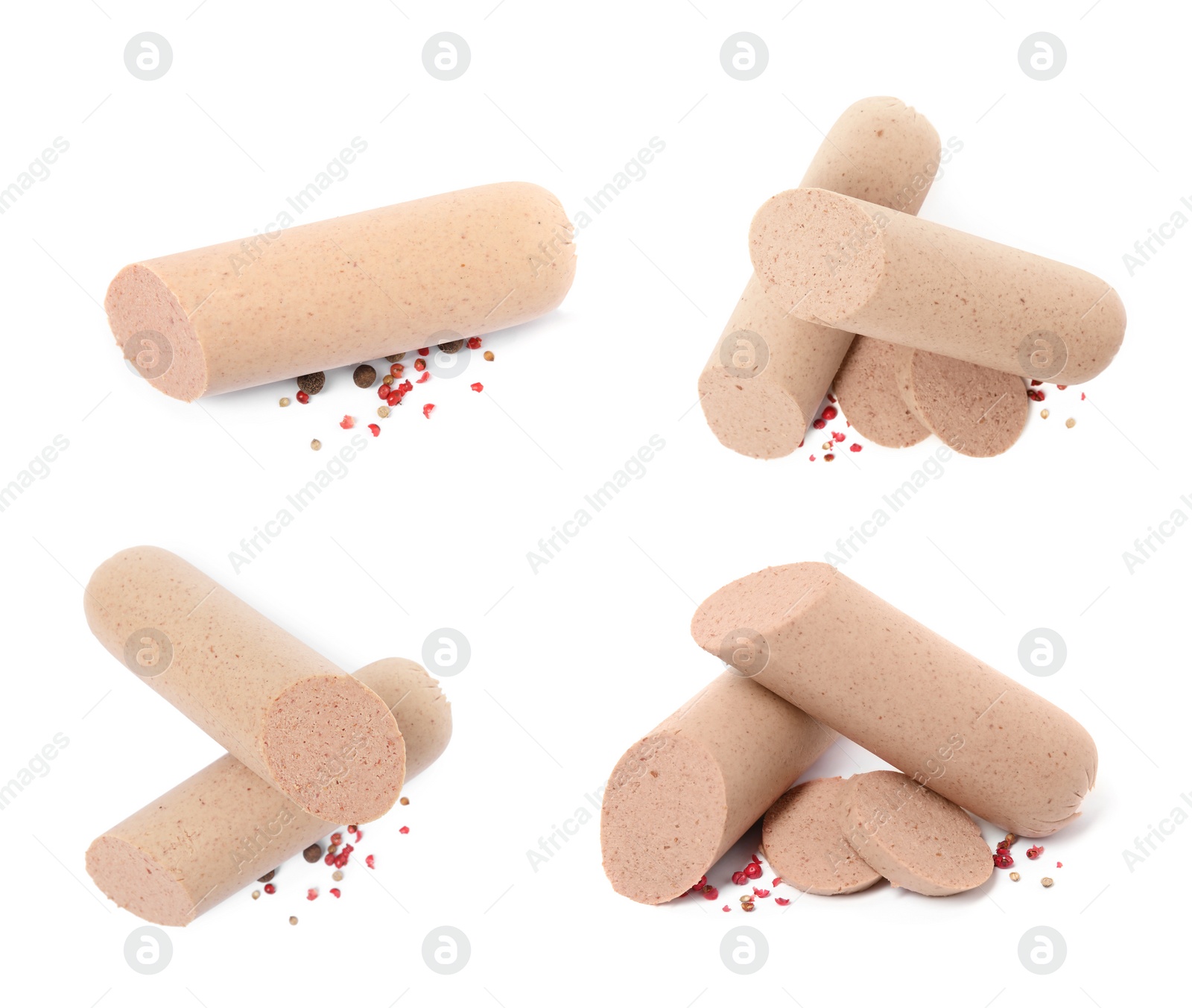 Image of Set with tasty liver sausages on white background