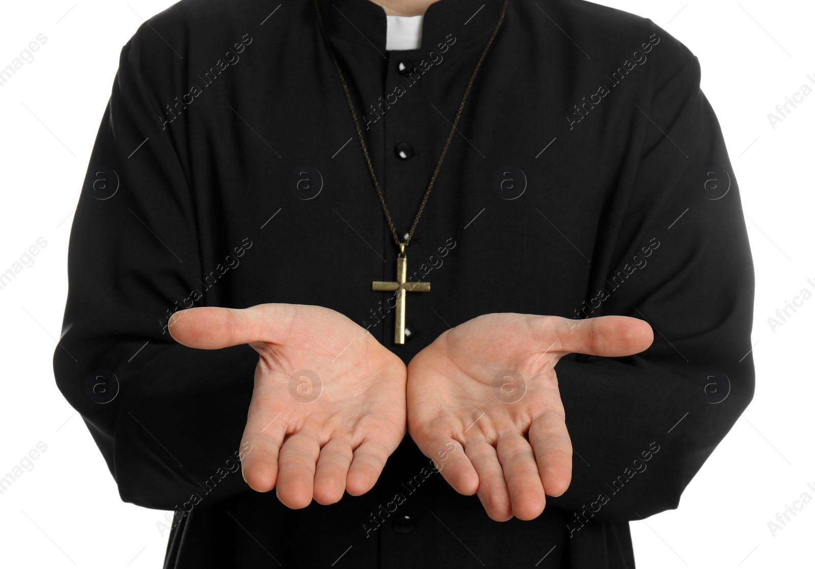 Photo of Priest reaching out his hands on white background, closeup