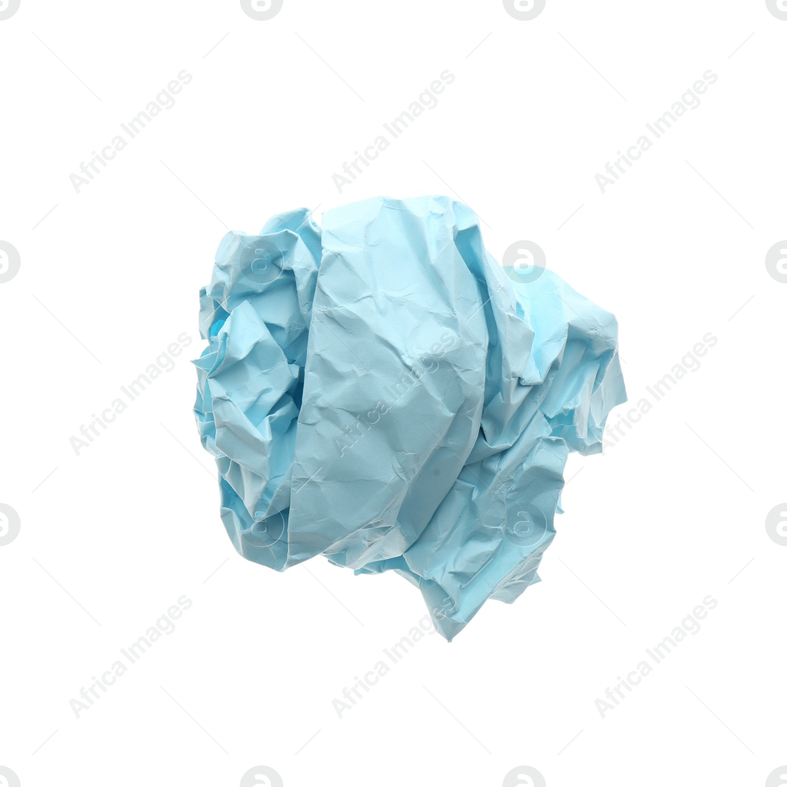 Photo of Crumpled sheet of light blue paper isolated on white, top view