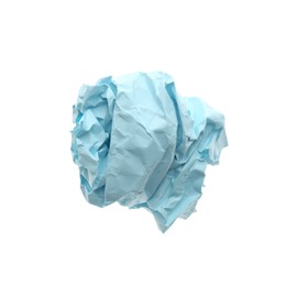 Photo of Crumpled sheet of light blue paper isolated on white, top view