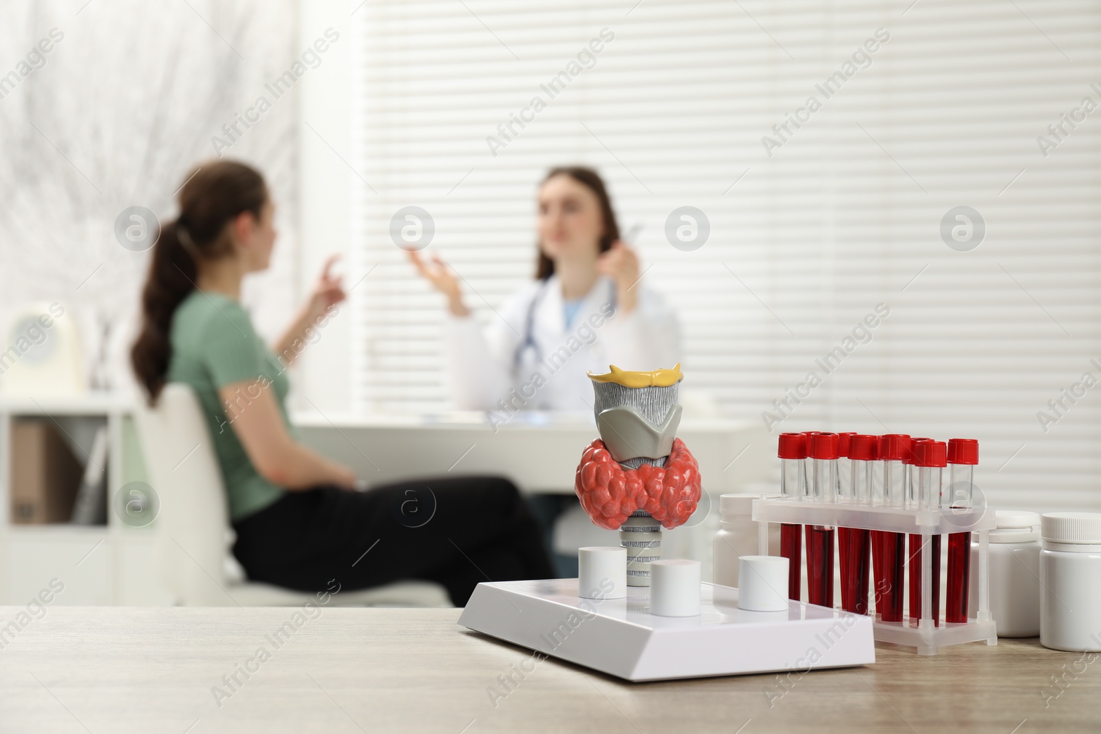 Photo of Endocrinologist examining patient at clinic, focus on model of thyroid gland and blood samples in test tubes