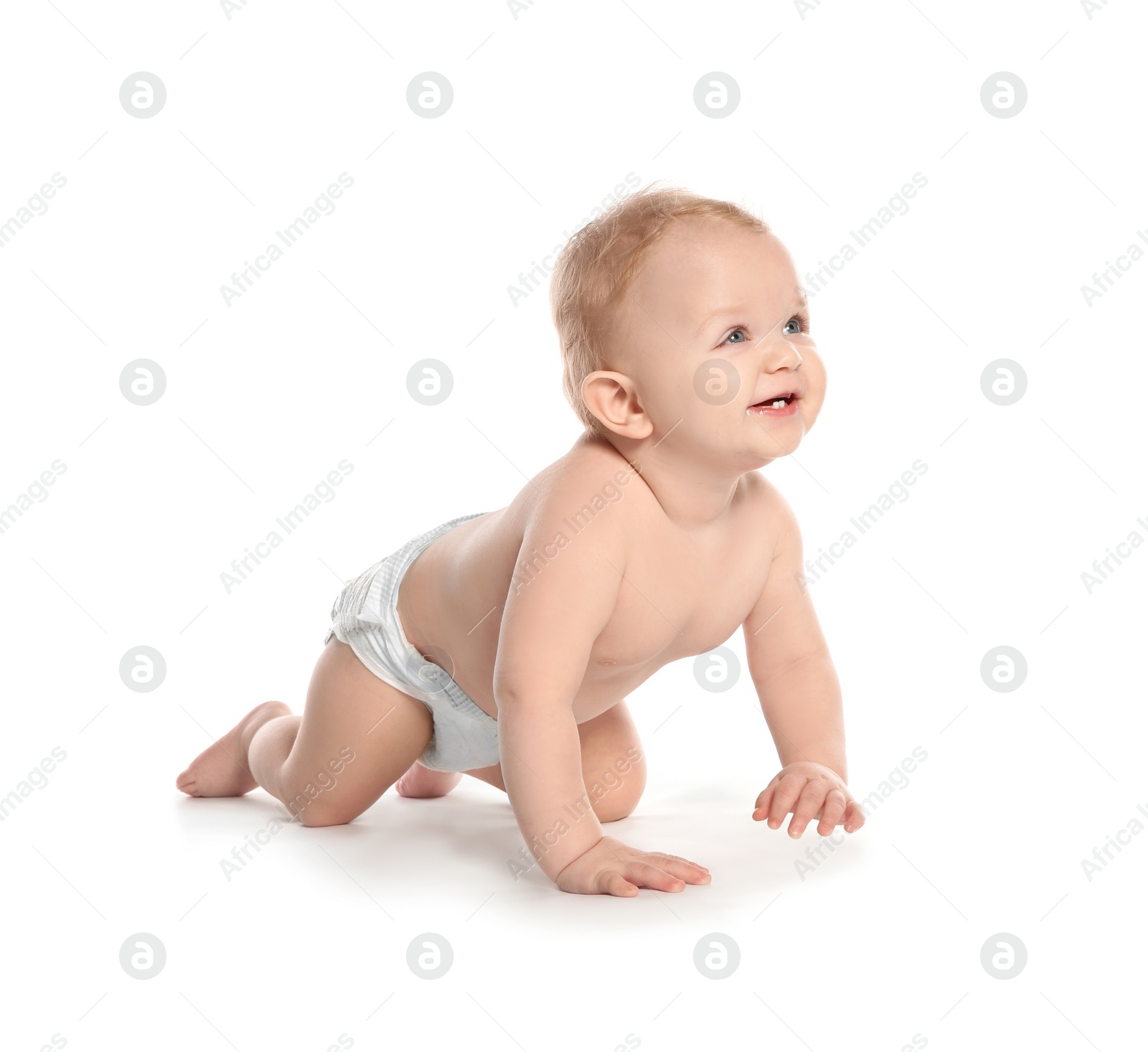 Photo of Cute little baby crawling on white background