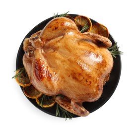 Photo of Tasty roasted chicken with lemon and rosemary isolated on white, top view