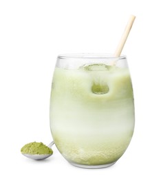 Photo of Glass of tasty iced matcha latte and spoon with powder isolated on white