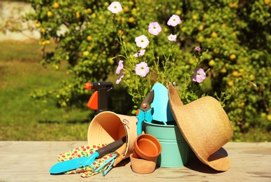 Photo of Set of gardening tools on wooden table outdoors