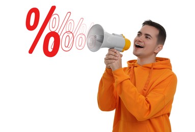 Image of Discount offer. Man shouting into megaphone on white background. Percent signs coming out from device