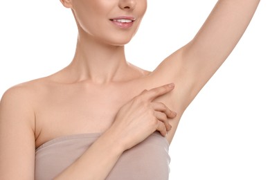 Photo of Woman showing armpit with smooth clean skin on white background, closeup