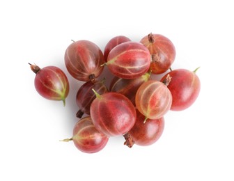 Photo of Pile of fresh ripe gooseberries on white background, top view