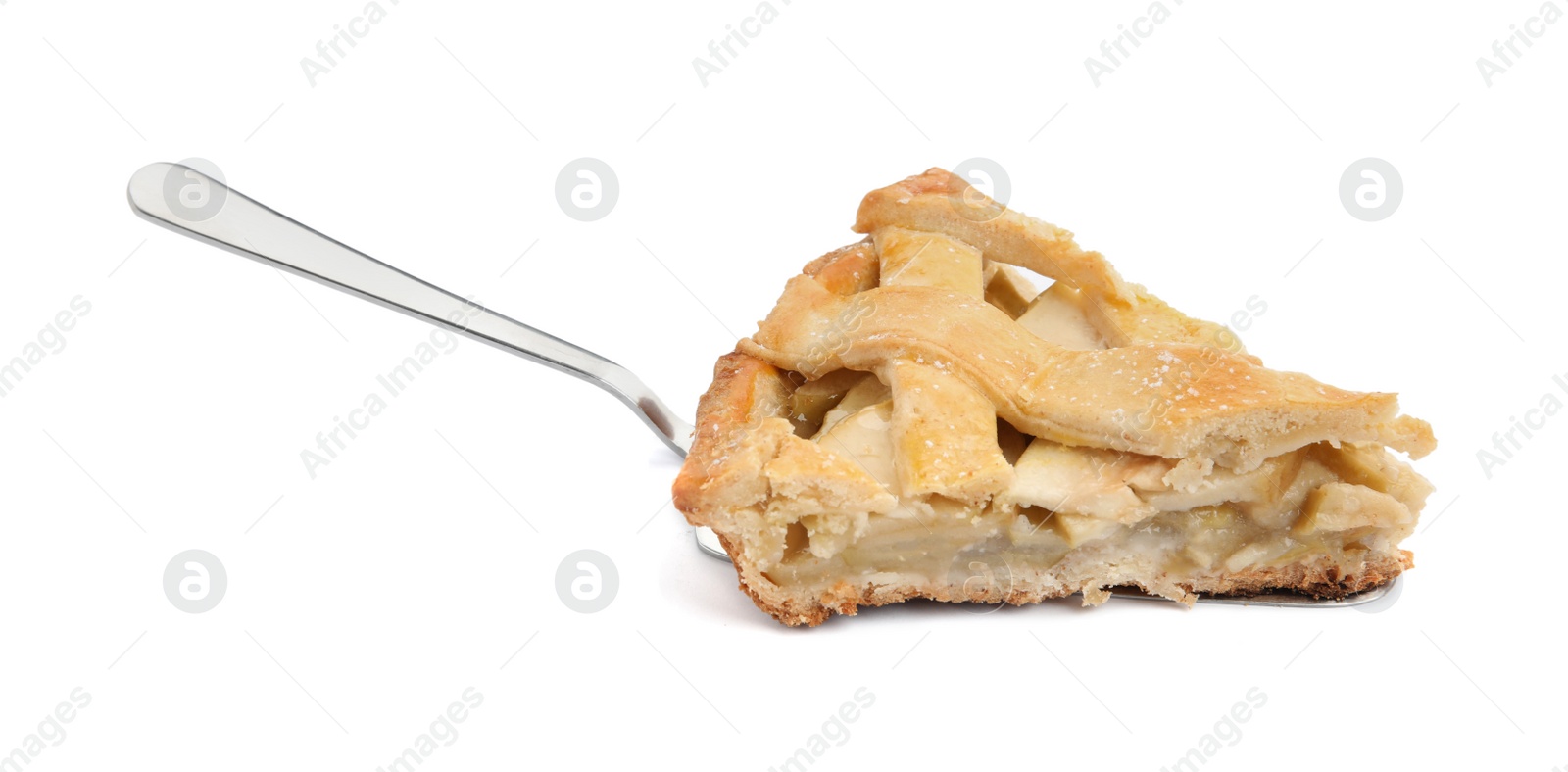 Photo of Slice of delicious traditional apple pie isolated on white
