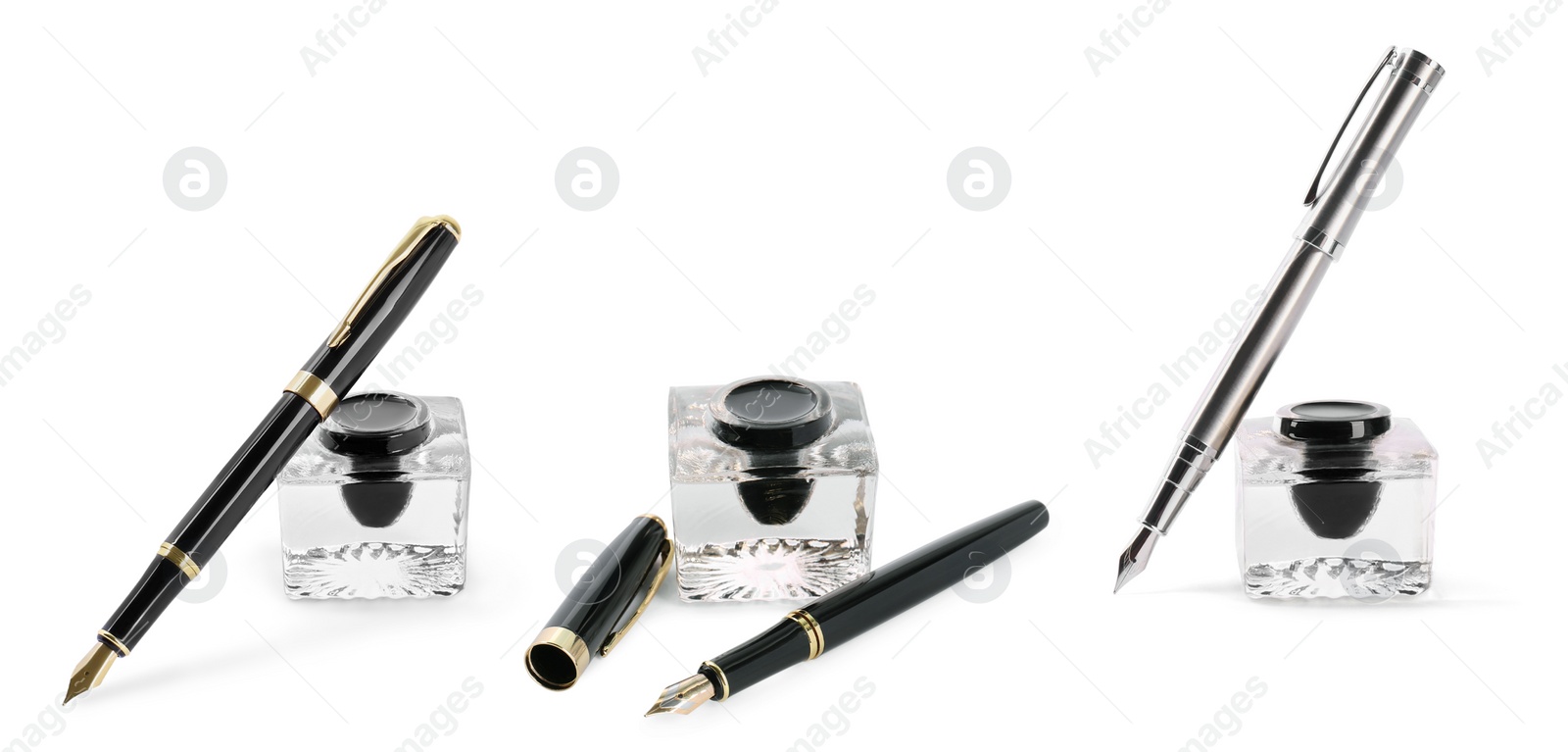 Image of Collage with fountain pens and inkwells on white background