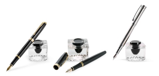 Image of Collage with fountain pens and inkwells on white background