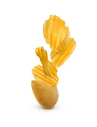 Image of Raw potato turning into tasty crispy chips on white background