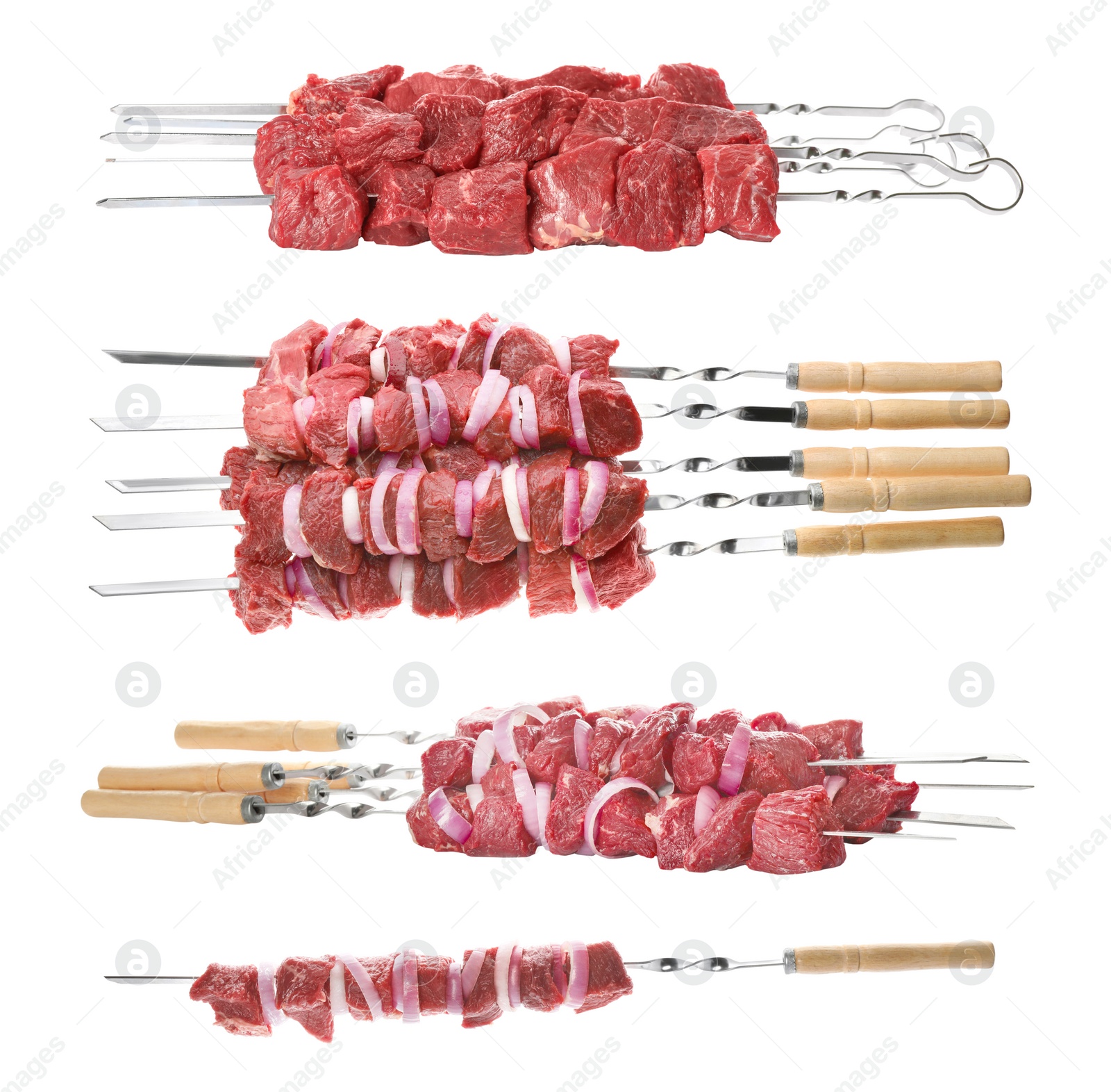 Image of Metal skewers with raw meat on white background, collage