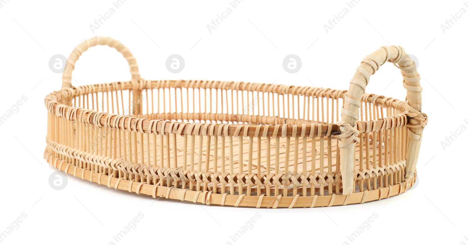 Photo of One empty wicker bread basket isolated on white