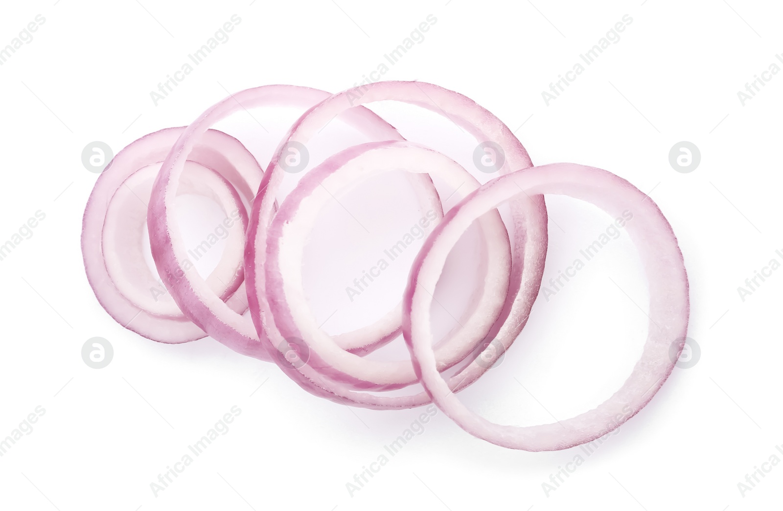 Photo of Raw red onion rings isolated on white, top view