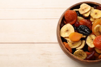 Mix of delicious dried fruits on white wooden table, top view. Space for text