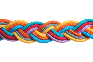 Photo of Braided colorful ropes isolated on white. Unity concept