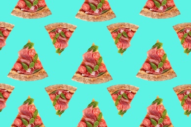 Image of Pizza slices on light blue background. Pattern design 