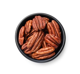 Photo of Many tasty pecan nuts isolated on white, top view