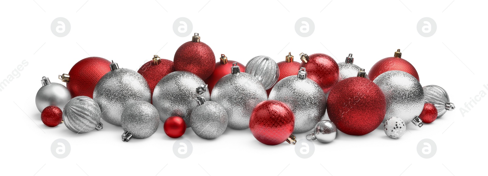 Photo of Red and silver Christmas balls isolated on white