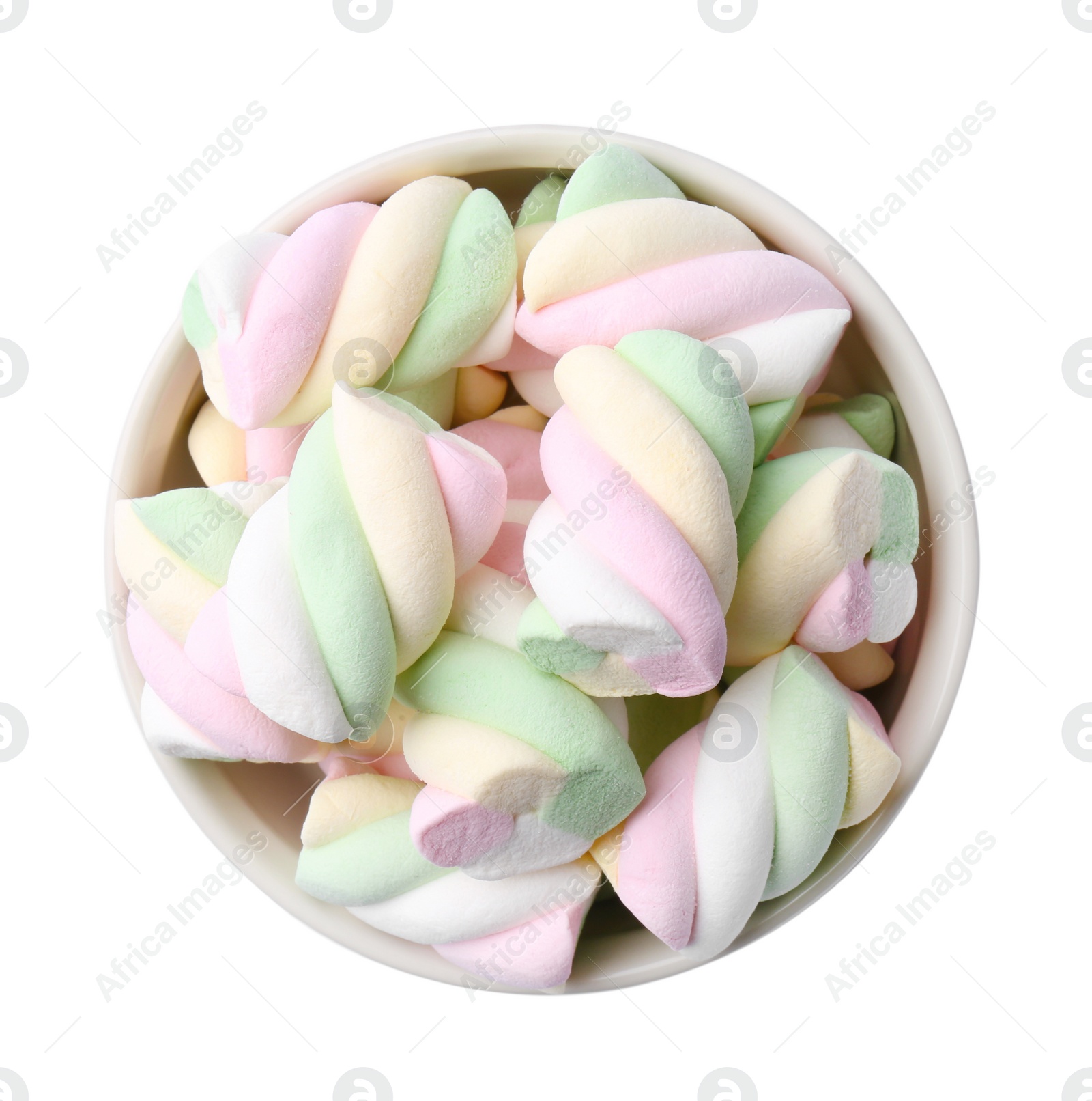 Photo of Delicious colorful marshmallows in bowl isolated on white, top view