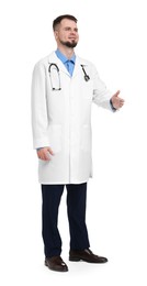 Doctor in coat with stethoscope on white background