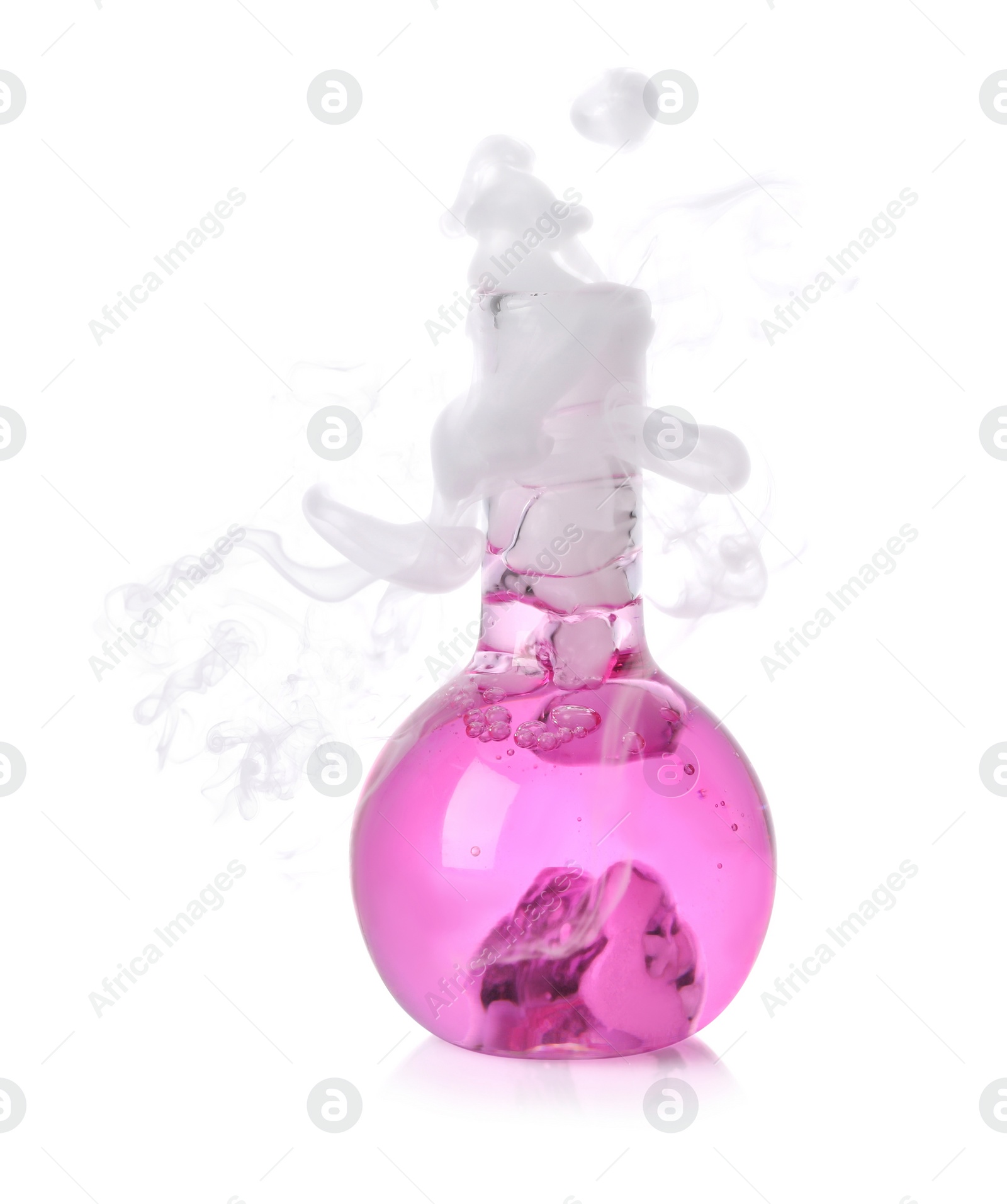 Photo of Laboratory flask with colorful liquid and steam isolated on white. Chemical reaction