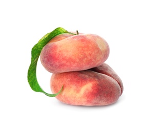 Photo of Fresh ripe donut peaches on white background