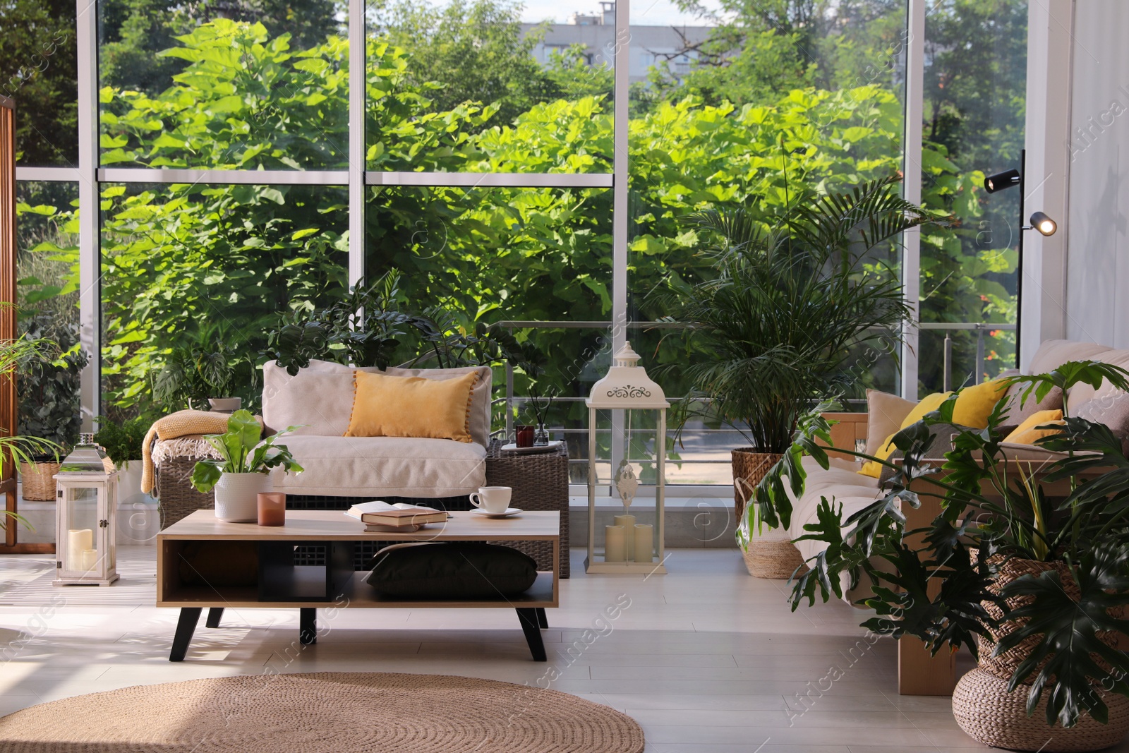 Photo of Indoor terrace interior with modern furniture and houseplants