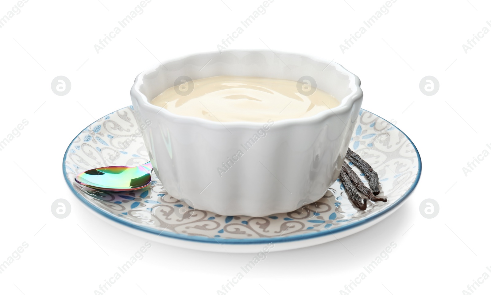 Photo of Vanilla pudding and sticks on white background