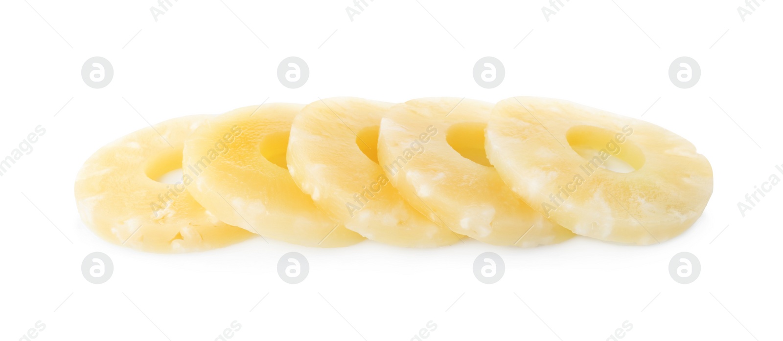 Photo of Delicious canned pineapple rings on white background