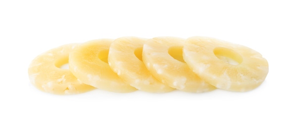 Photo of Delicious canned pineapple rings on white background