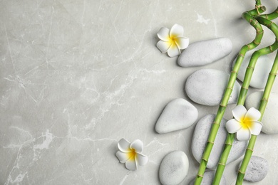 Photo of Bamboo branches, spa stones and flowers on gray background, top view. Space for text