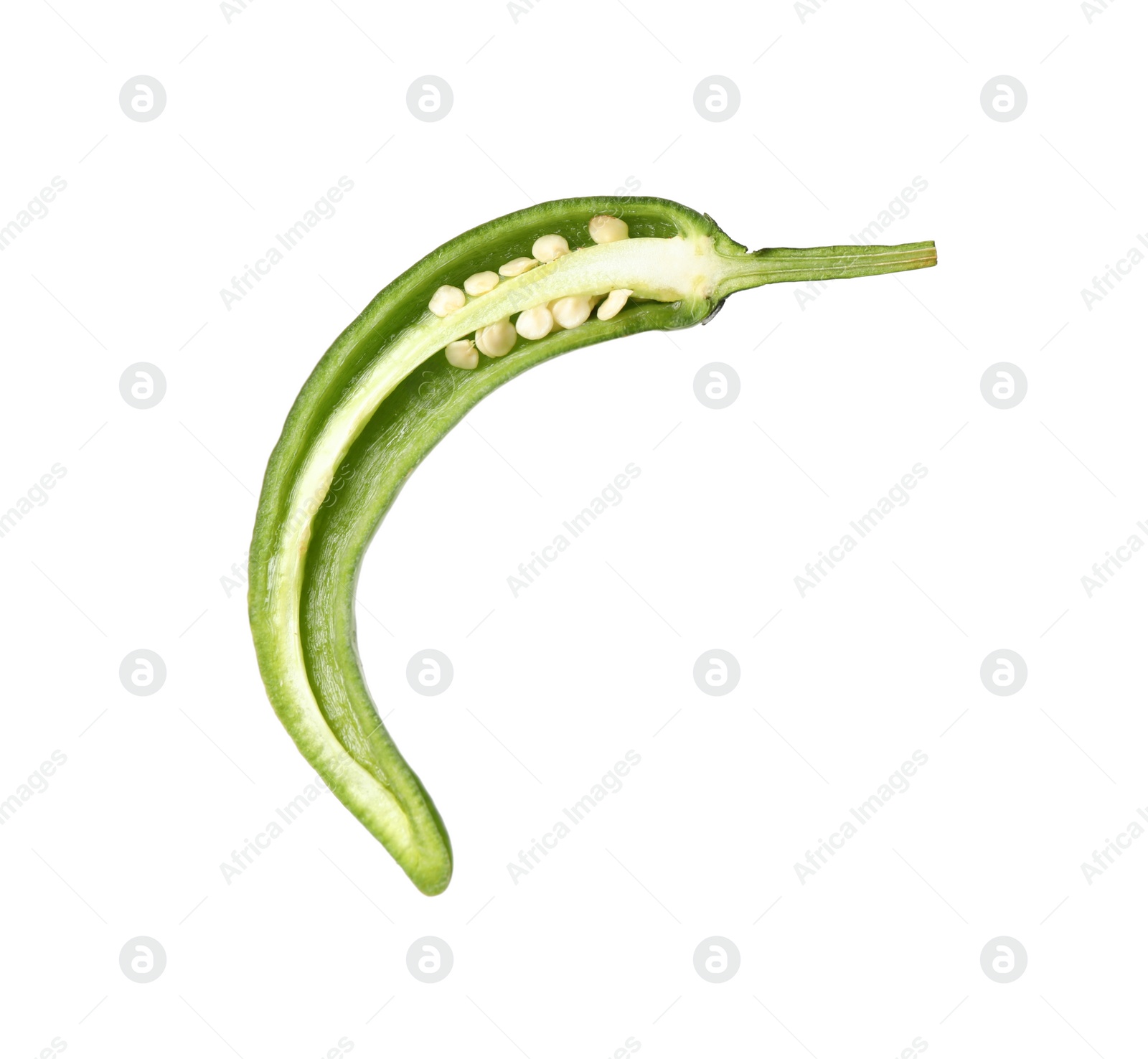 Photo of Half of green hot chili pepper isolated on white