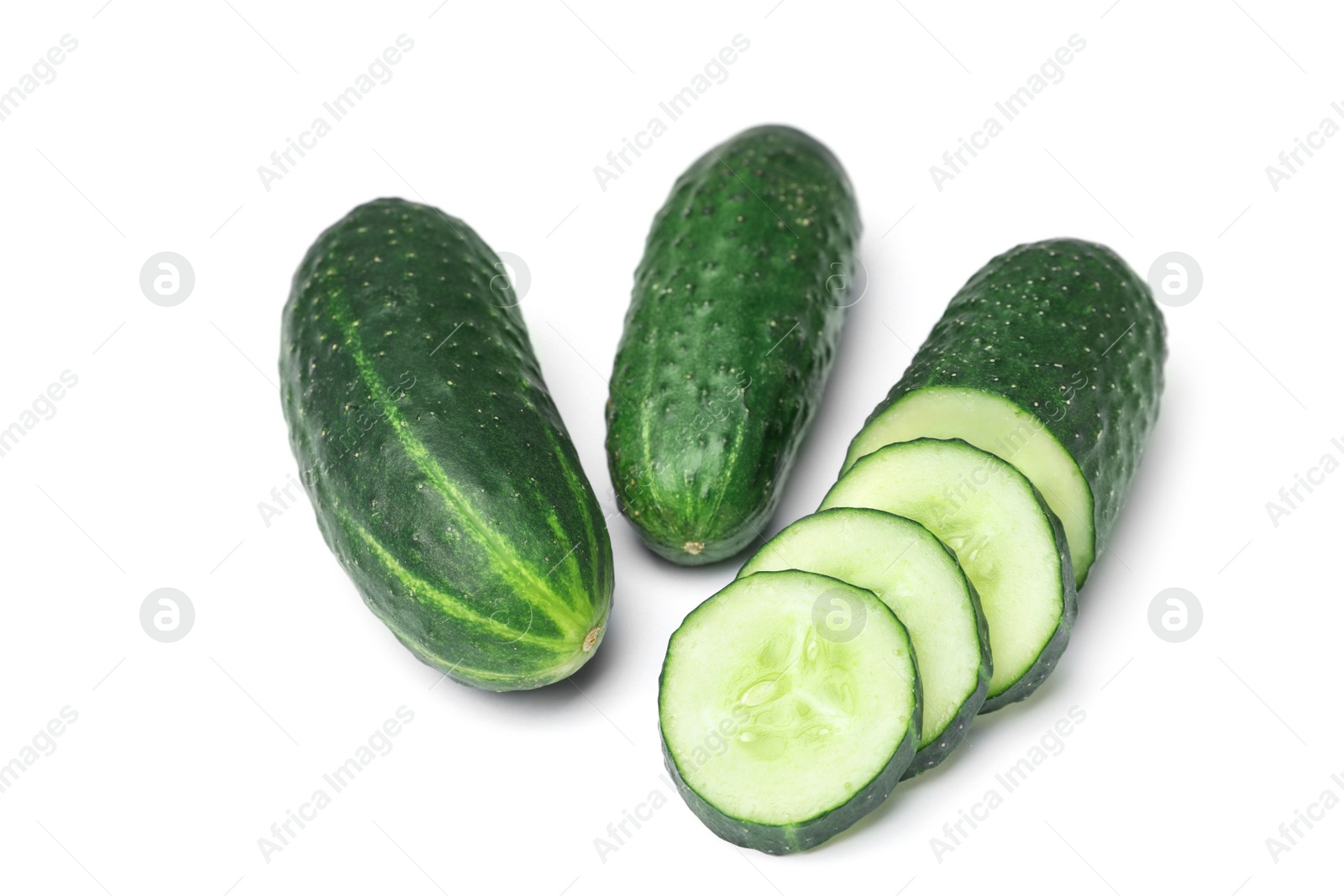 Photo of Ripe cucumbers on white background. Healthy diet