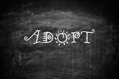 Word ADOPT written with chalk on blackboard, top view. Family concept