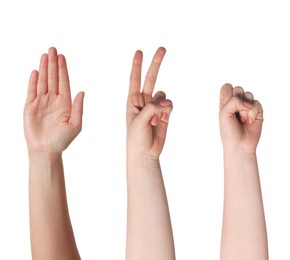 Image of People playing rock, paper and scissors on white background, closeup